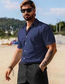 URRU Men's Muscle Dress Shirts Collared Stretch Short Sleeve Casual Button Down Shirts For Men - Màu xanh hải quân - Xem 3