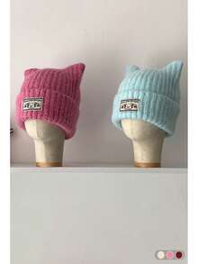 Gorro de punto de unicolor con aplicación de orejas de gato, gorro de punto unisex simple y versátil con protección de orejas cálida, nuevo y adorable gorro de punto con orejas de gato para mujeres, gorro de punto grueso y cálido con protección de orejas para otoño/invierno