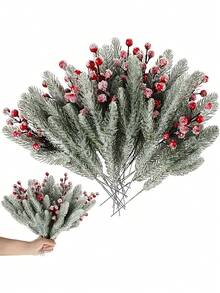 22 pezzi/11 pezzi/1 pezzo Decorazioni natalizie con albero di pino innevato, steli artificiali di bacche, rami di cedro finti, per composizioni, ghirlande, decorazioni natalizie, decorazioni per la casa, il giardino e le feste, decorazioni per albero di Natale, decorazioni natalizie (rosso)