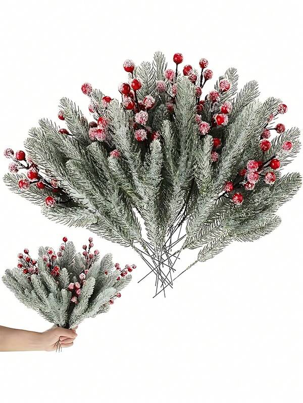 22 pezzi Decorazioni natalizie con rami di pino innevati, bacche artificiali, rami di cedro finti per composizioni, ghirlande, decorazioni natalizie per la casa e il giardino, feste, albero di Natale, tavolo di Natale (Rosso)