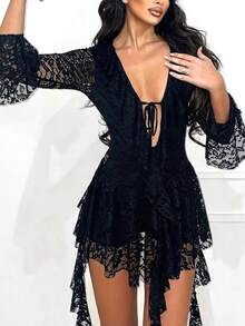 Macacão feminino Vaiaye Christmas de cor sólida com renda e decote em V sexy para o outono