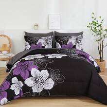 7 Pieces Dark Purple Floral Comforter Set Queen King Bed In A Bag Botanical Floral Comforter Soft Soft Microfiber Complete Bedding Sets For All Seasons,Valentine's Day Gifts - 紫色/黑色 - 查看 10
