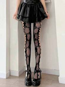 A Pair Of Black Side Hollowed Out Stockings For Women's Fishing Nets, Sexy And Thin Retro Rose Side Mesh Hollowed Out Pantyhose - 黑色 - 查看 1