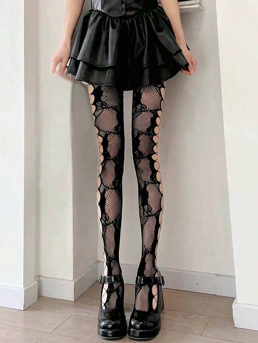 A Pair Of Black Side Hollowed Out Stockings For Women's Fishing Nets, Sexy And Thin Retro Rose Side Mesh Hollowed Out Pantyhose - 黑色 - 查看 1