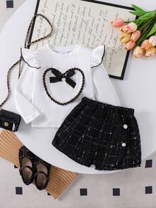 2pcs Young Girls Stylish Cap Sleeve Bow Heart Ribbed Top And Pants Set, Spring/Autumn - White - View 2