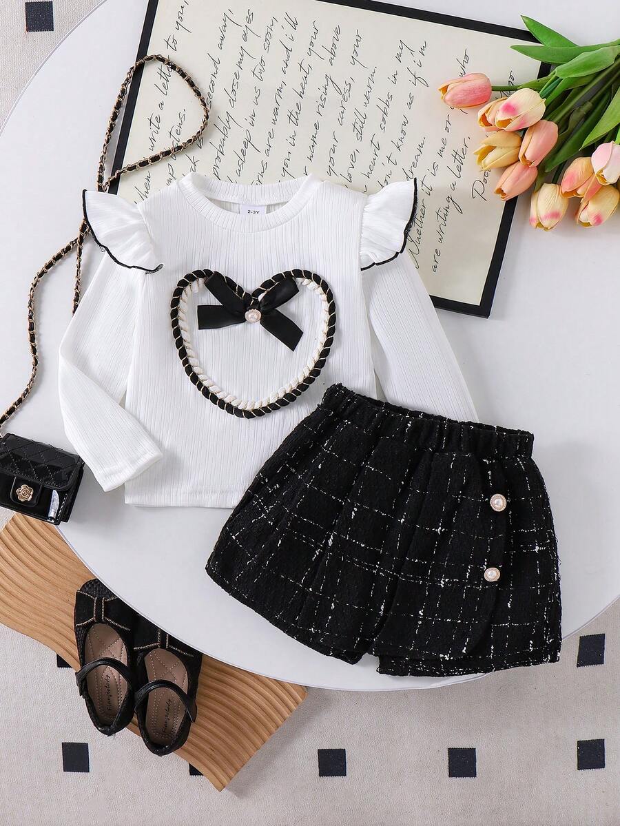 2pcs Young Girls Stylish Cap Sleeve Bow Heart Ribbed Top And Pants Set, Spring/Autumn - White - View 1