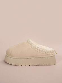 女士毛绒厚底拖鞋，秋冬新款人造保暖内衬套脚坡跟凉鞋，时尚百搭，蓬松拖鞋 - 米色 - 查看 2