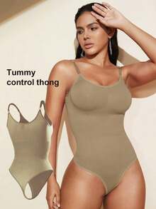 1pc Women Seamless Shaping Bodysuit With Thong Bottom, Slimming Bodyshaper Tummy Control Flat Belly Sheath Jumpsuit Shapewear Waist Trainer Shaper - 卡其色 - 查看 1