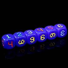 6pcs D6 Dice Set, Blue Dice Body, Multi-Color Numbering, Suitable For Yard, Outdoor Games, Tabletop Games, Festivals, Parties, With Storage Pouch