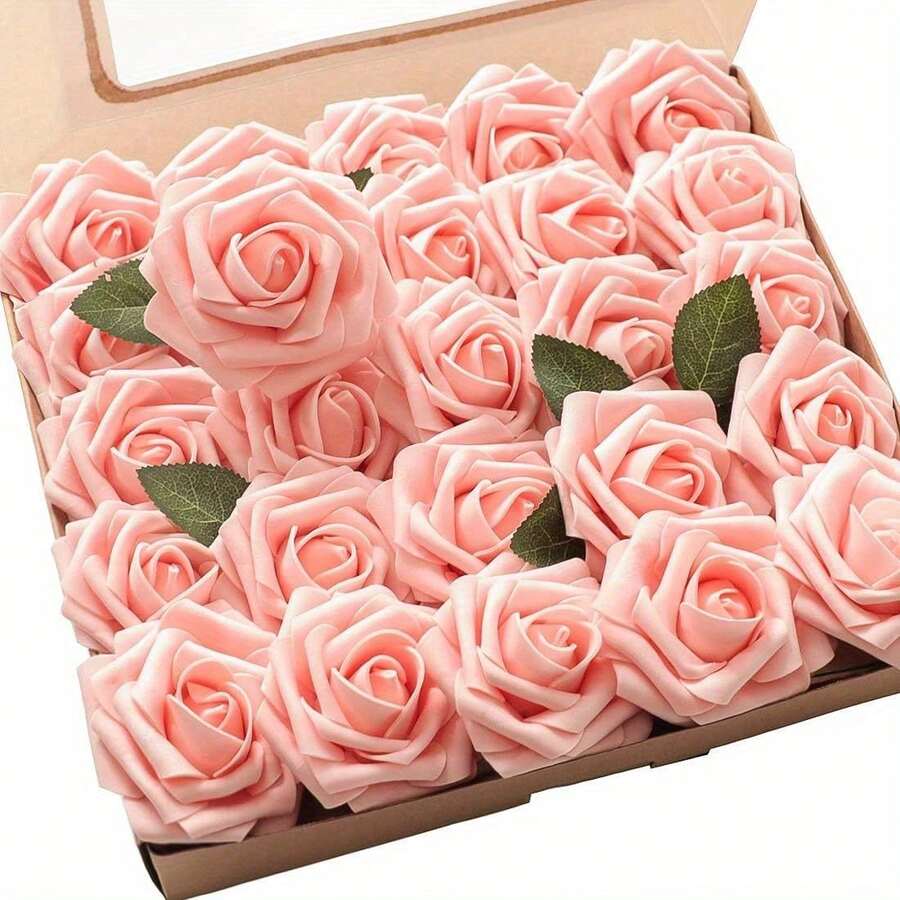 50pcs Artificial Flowers Peach Pink Roses Real Looking Fake Flowers Foam Roses W/Stem DIY Wedding Bouquets Centerpieces Baby Shower Party Holiday Christmas Home Decorations - 50枝粉紅玫瑰 - 查看 1