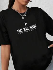 180g pure Cotton Pray Wait Trust God Has A Plan Shirt, God Sweatshirt, Wo Christian Shirt, Religious Mom Gift, Christian Apparel, Believer Tee,Faith Shirt Breathable designer clothes fashion Unisex Stylish streetwear Women Top Graphic Tees women Stretched Soft - Negro - Ver 2