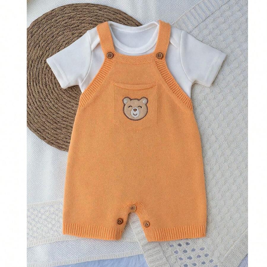 Delicate Knit Bodysuit With Bear Pocket - Orange - View 1