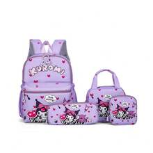 Sanrio 四件套 - 三丽鸥库洛米和美乐蒂时尚背包、铅笔盒、零钱包和午餐盒套装，可爱卡通印花，手提袋、背包、铅笔盒、零钱包，可爱的紫色和粉色套装，涤纶内衬，可爱动物印花，拉链封口，可手洗，休闲校园风女款