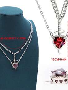 Matching Necklace For Couples Plated Sword And Heart Necklaces Set Dainty Zirconia Chain Pendant Jewelry Gifts For Him And Her - 金色 - 查看 4