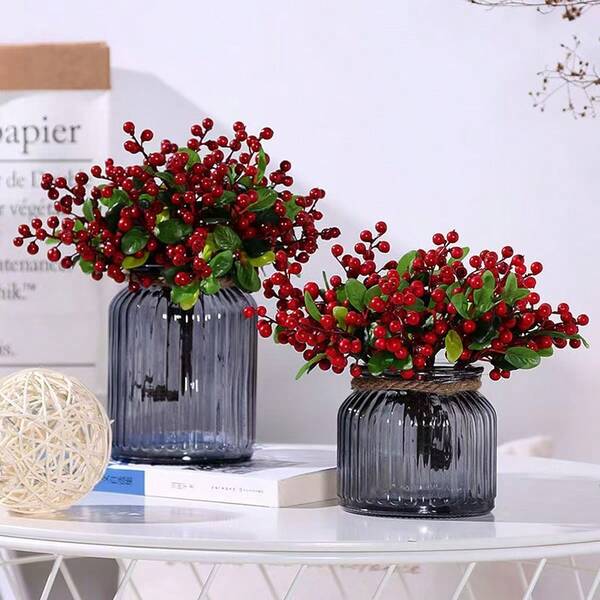 12/24 piezas Tallos artificiales de acebo con bayas rojas de 9 pulgadas, decoración navideña con tallos de bayas rojas de acebo, tallos de flores decorativas para el hogar, artículos decorativos, ramos