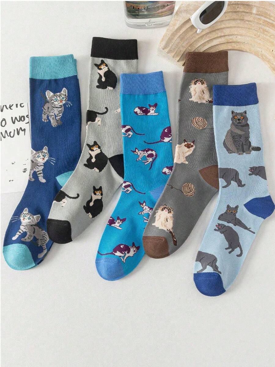 5双男士中筒袜，卡通猫咪图案，适合日常穿着，室内外均可，秋冬 - 彩色 - 查看 1