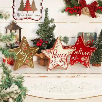 3件套2D普陀装饰圣诞星座牌，7.5英寸仿古木纹，印有“相信”、“和平”字样 - 非常适合桌面、咖啡馆、办公室、壁炉、咖啡店和农舍的节日装饰，圣诞家居装饰，房间装饰，圣诞树装饰，冬季圣诞装饰