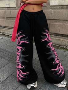 Siliki Fall Black Y2k Sweats Wide Alternative Hippie Sweatpants For Women Going Out Festival Outfit - 黑色 - 查看 1