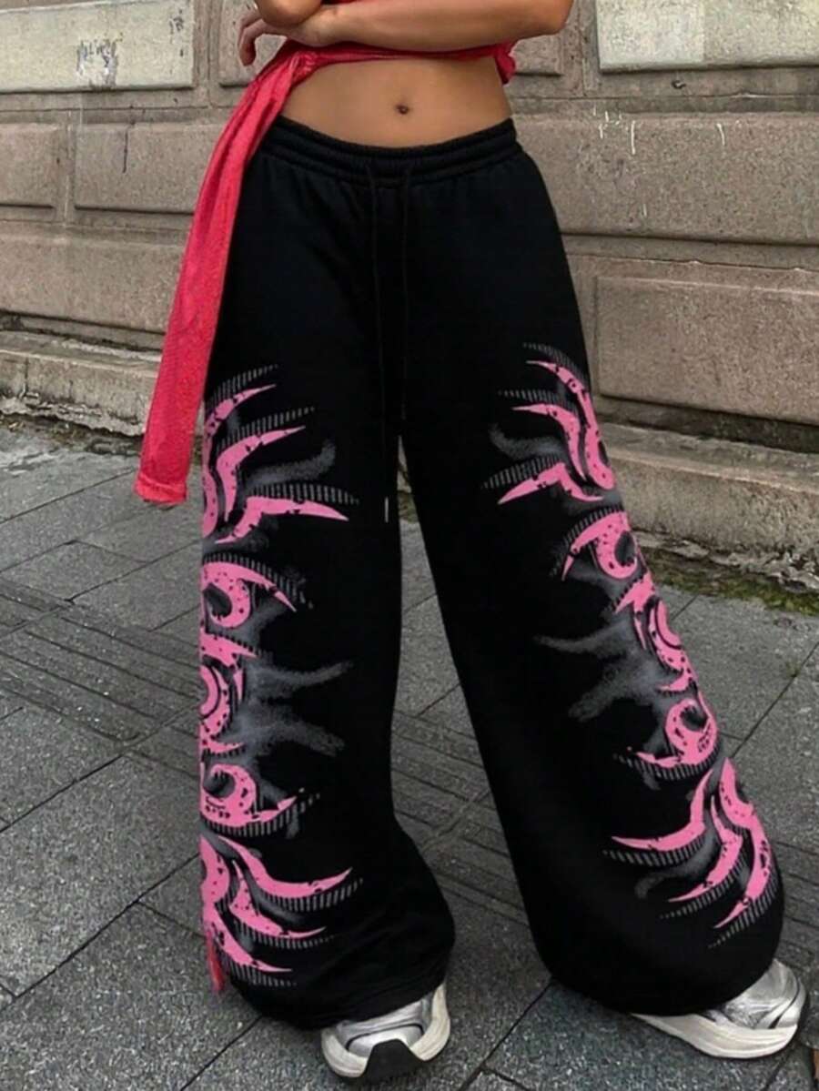 Siliki Fall Black Y2k Sweats Wide Alternative Hippie Sweatpants For Women Going Out Festival Outfit - 黑色 - 查看 1
