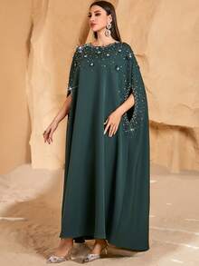 Vestido elegante y conservador de estilo árabe para mujer con adornos de cuentas - Verde Oscuro - Ver 5