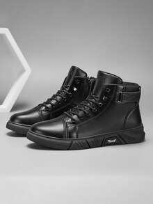 秋季男士高帮靴休闲皮靴百搭英伦复古靴（鞋面线条图案随机，条纹随机，字母随机，鞋舌字母和图案随机）