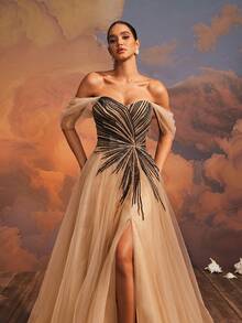 VIPGIRL 奢华香槟金露肩亮片层叠薄纱高开衩露背系带长裙，适合女性，梦幻晚礼服，适合舞会和宴会，优雅连衣裙，舞会礼服，梦幻设计，薄纱袖子 - 卡其色 - 查看 4