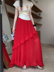 Ruffled Red Polka Dot Slit Beach Skirt, Pleated Floral Hem, Vacation Travel, Autumn 2025 New - Red - View 5