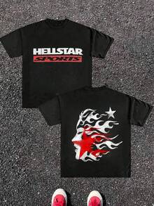 Sports Flame Graphic Black T-Shirt,Comfortable Casual Short Sleeve  Fashion Top 220g Cotton Double - Sided Printed T - Shirt - 黑色 - 查看 1