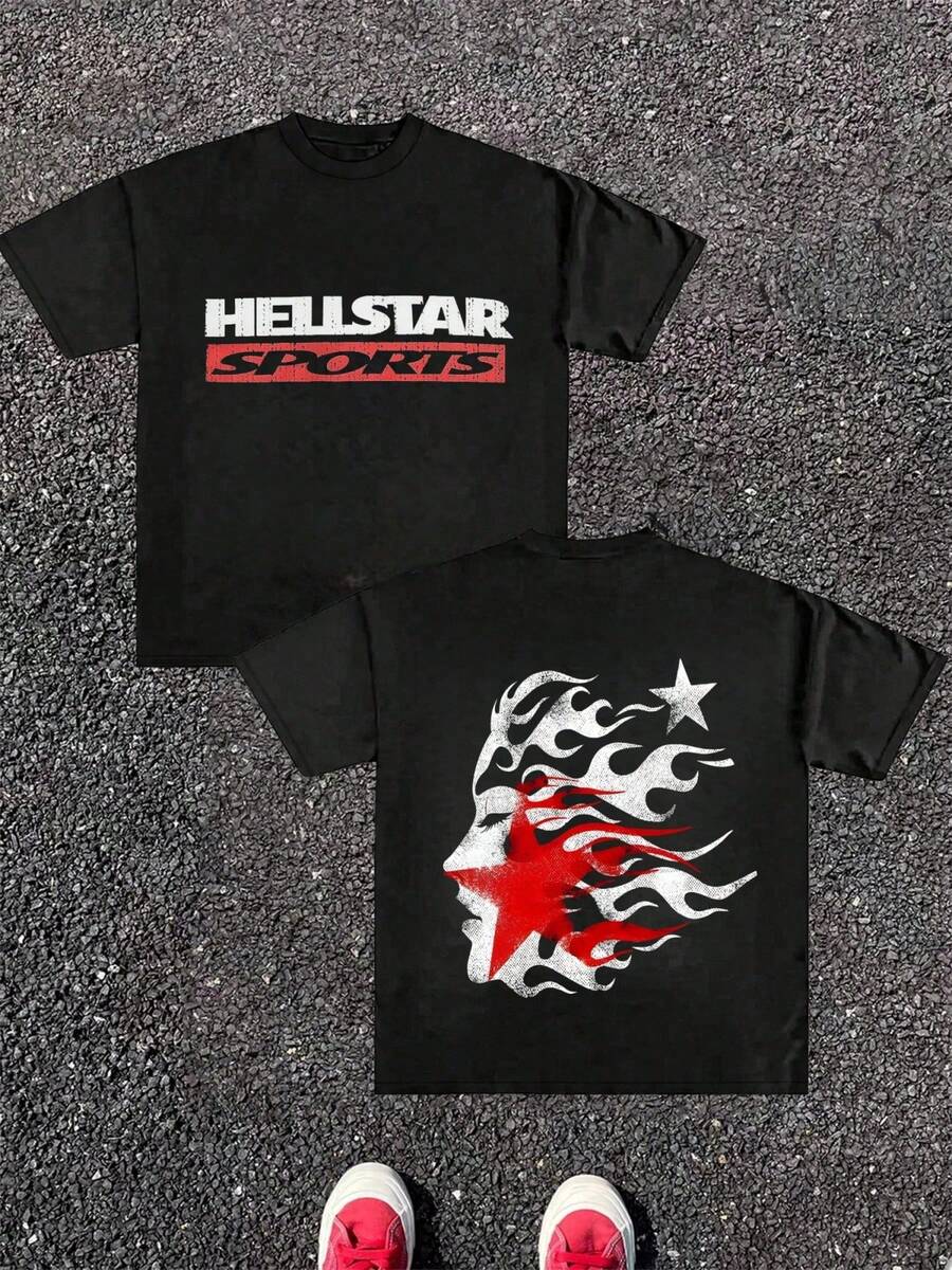 Sports Flame Graphic Black T-Shirt,Comfortable Casual Short Sleeve  Fashion Top 220g Cotton Double - Sided Printed T - Shirt - 黑色 - 查看 1