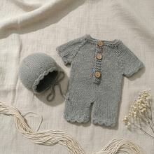 2pcs Newborn Photography Outfits Soft Knitted Baby Romper With Hat Newborn Photography Props Shorts And Cap Set Boy Girl Bodysuit Shooting Romper Baby Shower Gift - Nhiều màu - Xem 8