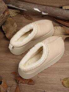 女士毛绒厚底拖鞋，秋冬新款人造保暖内衬套脚坡跟凉鞋，时尚百搭，蓬松拖鞋 - 米色 - 查看 4