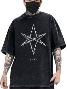 Men's T-Shirt, Retro, Rock Band Bring Me The Horizon (BMTH) Themed, Print, Pattern, Loose Fit, Short Sleeved, Top 004-A - Black - View 2