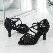 7.5cm Heels Pearl & Rhinestone Satin Soft Sole Latin Dance Shoes For Women Ballroom Modern Tango Performance Shoes Black Ladies Diamond Party Shoes