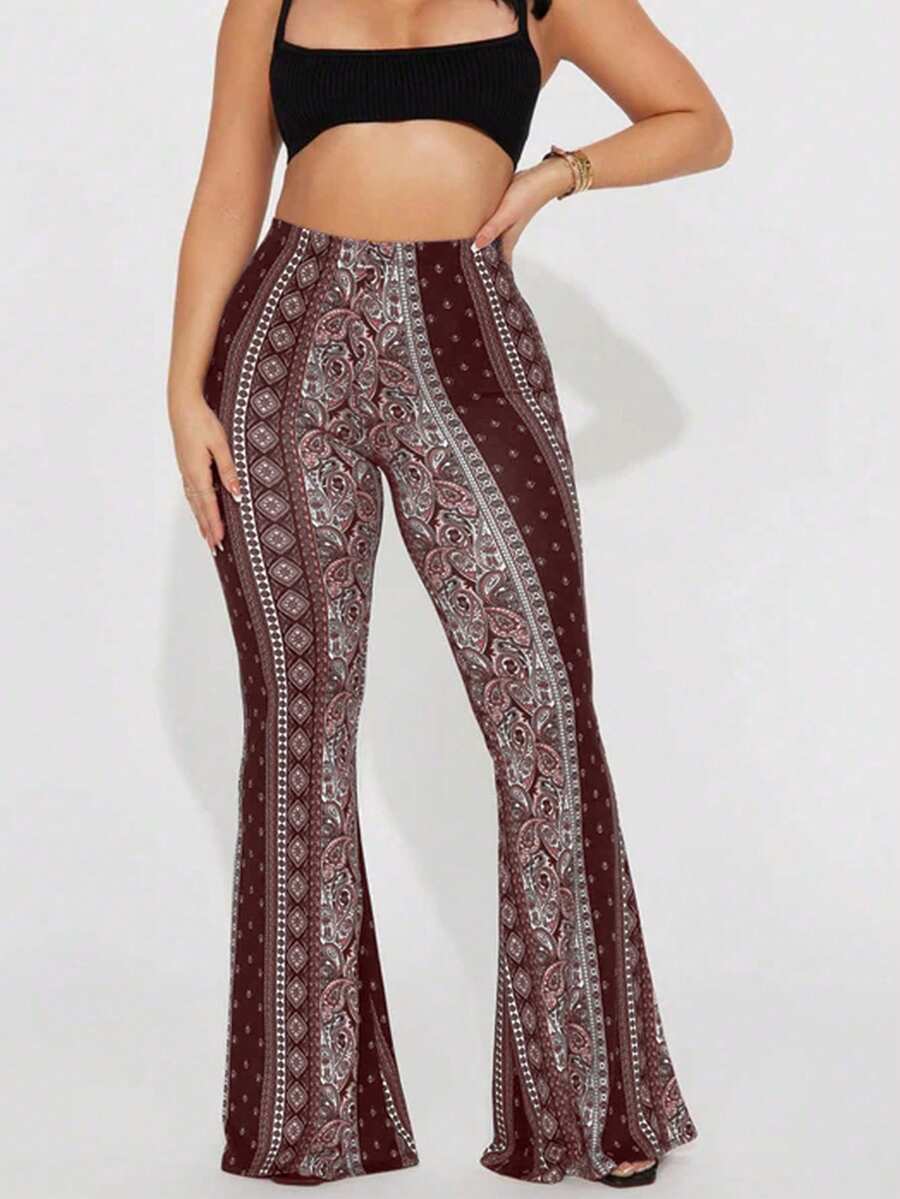 女士时尚波西米亚风印花喇叭裤，浪漫沙滩度假派对休闲裤，适合假日、约会、外出和日常穿着。 - 咖啡棕 - 查看 1