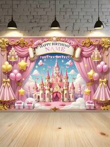 1pc Customizable Princess Birthday Party Banner With Name & Year, Pink Fairy Tale Castle Theme Backdrop Curtain, Back To School, Personalized Gift, Aesthetic - Multicolor - View 13