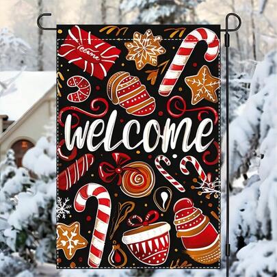 Bandeira de jardim festiva de boas-vindas de Natal, 1 peça - Dupla face, poliéster durável, 30 x 45 cm - Decoração externa à prova d'água com bastões de doces, bonecos de gengibre e flocos de neve para pátio e gramado, decorações de Natal para quintal