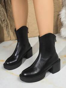 女士秋冬新款英伦风真皮厚底踝靴，黑色复古金属拉链圆头粗跟厚底靴，保暖舒适厚跟高跟美式踝靴，时尚骑马踝靴 - 黑色 - 查看 6