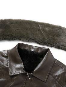 Thermal Lined Warm Motorcycle Jacket For Men, Simple Versatile Waterproof Thick Collar Leather Jacket, Winter , Fall, Fleece-Lined Jacket