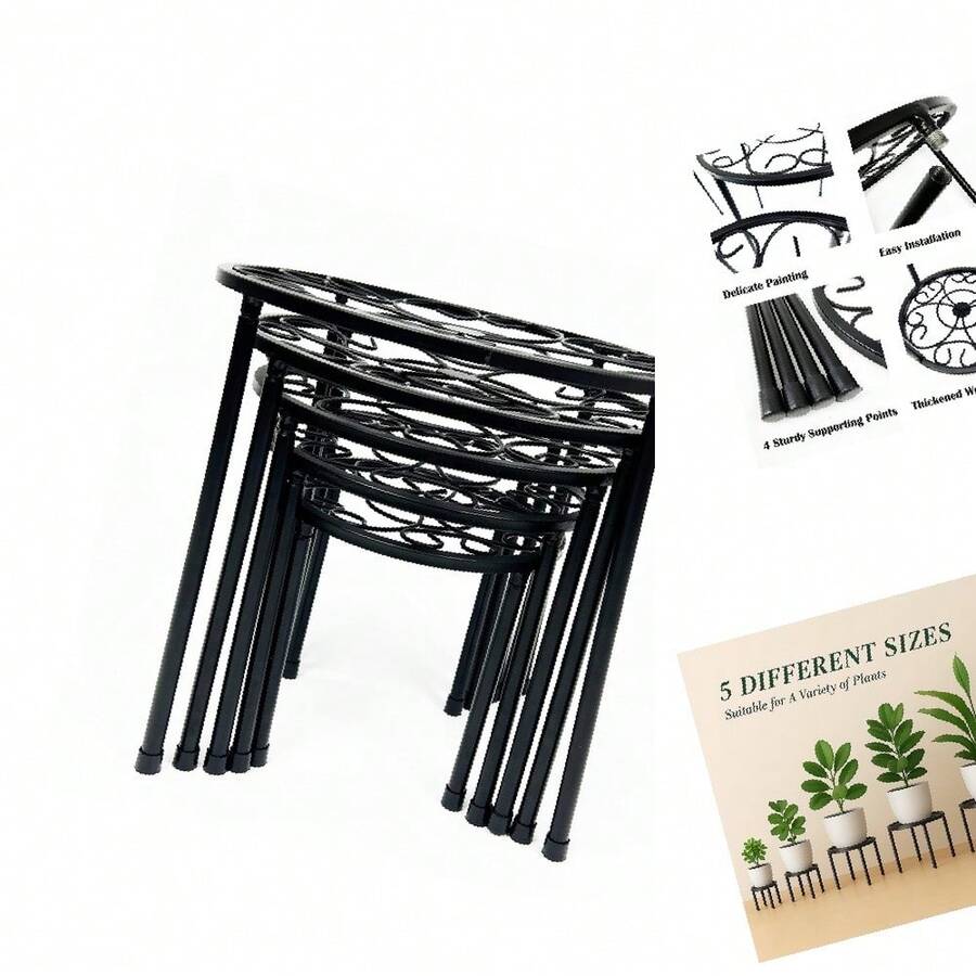 Paquete 5 Soportes Hierro Negro para Plantas - Resistentes Corrosión, Ideal para Macetas Esquina y Exhibición en Niveles