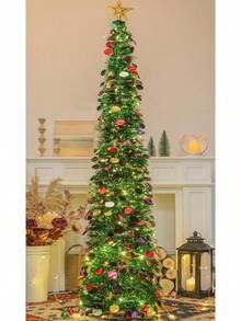 Árbol de Navidad artificial desplegable de 1.8 metros con 100 luces LED con cronómetro, árbol de Navidad de oropel verde, decoración de festividades para el hogar, oficina, fiesta - Rosa - Ver 11