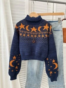 1pc Hipster Cropped Mock Neck Polyester Jacquard Sweater With Moon & Star Galaxy Print, Casual Street Style, Autumn/Winter