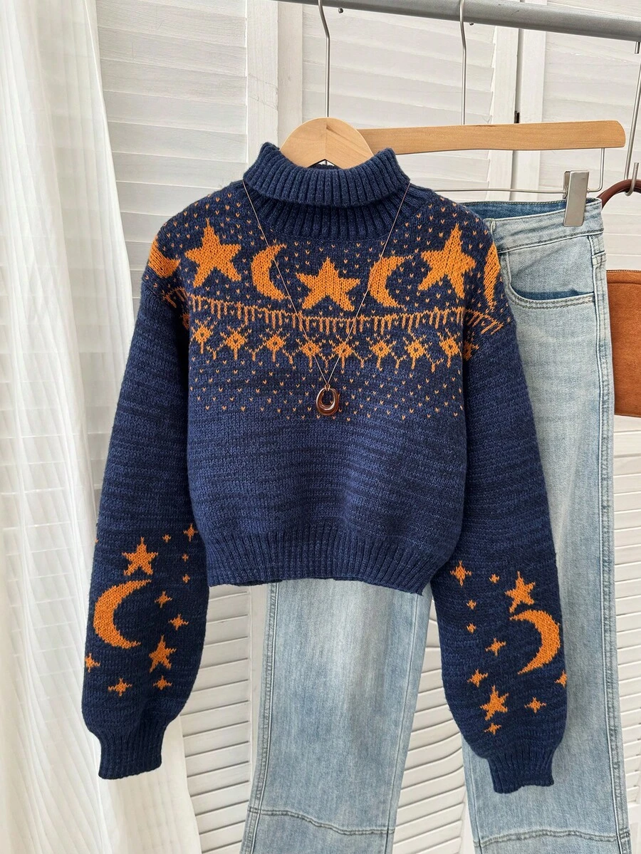 1pc Hipster Cropped Mock Neck Polyester Jacquard Sweater With Moon & Star Galaxy Print, Casual Street Style, Autumn/Winter