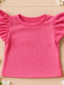 Blusa Infantil e Juvenil Cropped Frufru Manga Babado Canelada Ribana Super Deicado (Binf510) - Rosa Bebê - Visão 2