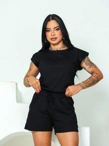 100% Cotton Knit Set Shorts And Muscle Tee Sleeve Top - 黑色 - 查看 1
