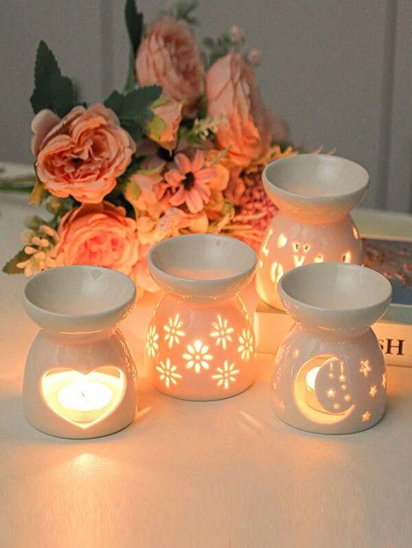 1PC Exquisite Mini Aromatherapy Furnace, White Hollow Ceramic Stove, Flower Love Moon Star Incense Burner Candlestick, Heating Candlestick, Essential Oil Stove Aromatherapy, Aromatherapy, Suitable For Family, Party, Weird, Autumn, Holiday, Holiday, Winter, Vacation, Holiday, Holiday, Room Decoration, Gift, Christmas