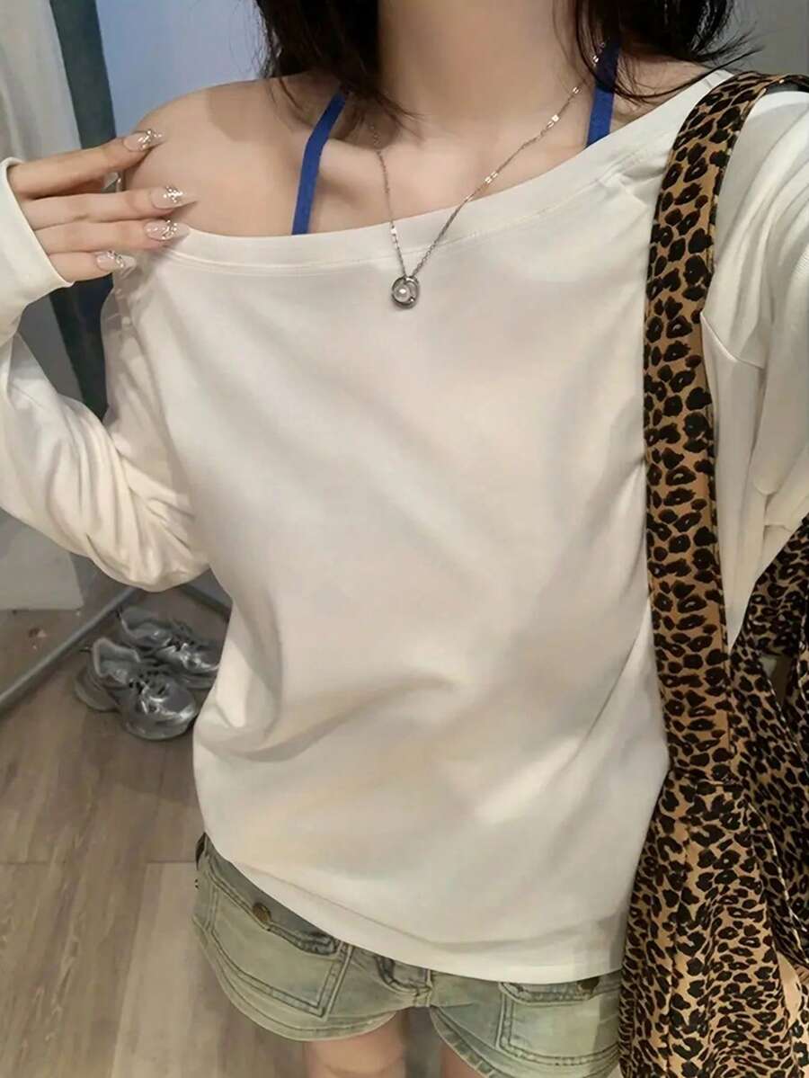 女士白色简约百搭纯色斜肩露肩浪漫海滩街头 Y2K 别致 T 恤 - 白色 - 查看 1