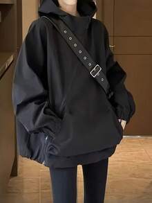Black Relaxed Fit Lightweight Hooded Jacket - Slant Zipper Design, Retro Casual Outdoor Pullover, Spring/Autumn Coat, Machine Washable, Multifunctional Casual Wear - màu đen - Xem 3