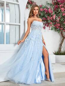Women's Floral Applique High Slit Mesh Strapless Evening Gown