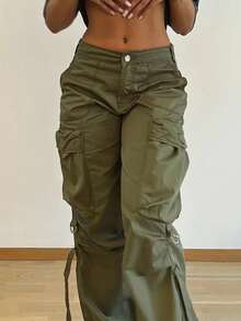 Women's Casual Loose Solid Color Cargo Pants - Army Green - View 4