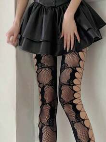 A Pair Of Black Side Hollowed Out Stockings For Women's Fishing Nets, Sexy And Thin Retro Rose Side Mesh Hollowed Out Pantyhose - 黑色 - 查看 4